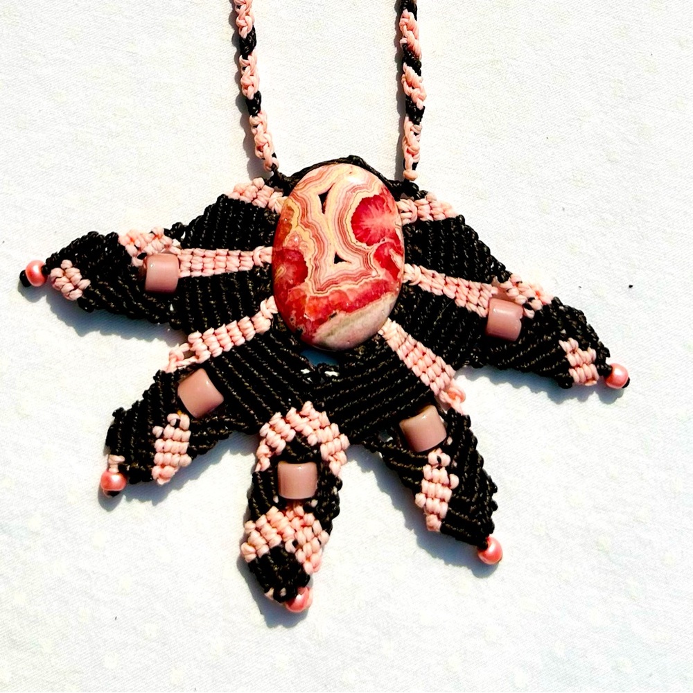 Macrame Rhodochrosite Necklace Pink Natural Stone Hand Made in Patagonia